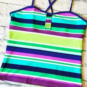 Lands' End Colorful Stretchy Striped Tankini Bathing/Swim Suit Top 14+